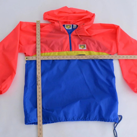 Vintage Pch Neon Orange Blue Waterproof Nylon Hooded Half Zip Windbreaker Jacket - Picture 3 of 10